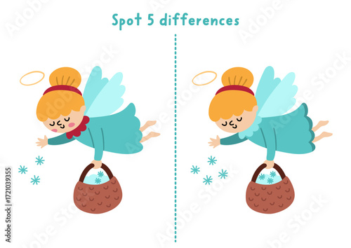 Christmas find differences game for children. Winter holiday educational activity with angel sprinkling snowflakes. Cute puzzle for kids with funny New Year character. Printable worksheet, page