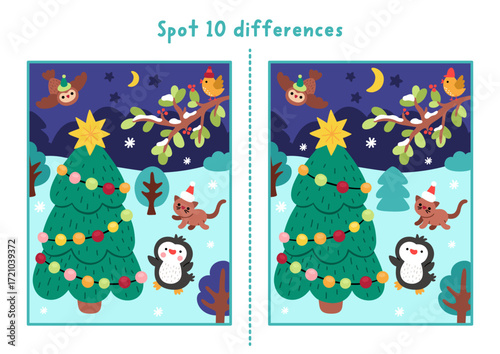 Christmas find differences game for children. Winter holiday educational activity with animals, fir tree, snowy night. Cute puzzle for kids with New Year character. Printable worksheet, page