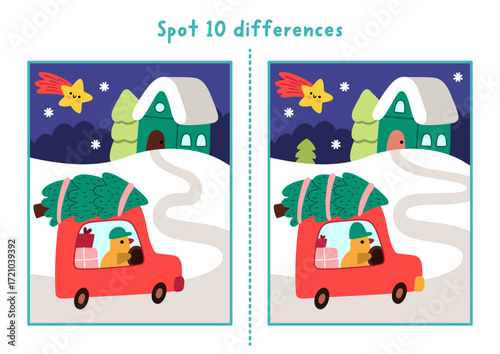 Christmas find differences game for children. Winter holiday educational activity with bird driving fir tree home on night. Cute puzzle for kids with New Year character. Printable worksheet, page