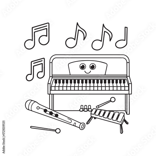  Happy Piano, Flute, and Xylophone with Dancing Musical Notes for Kids Line Art.