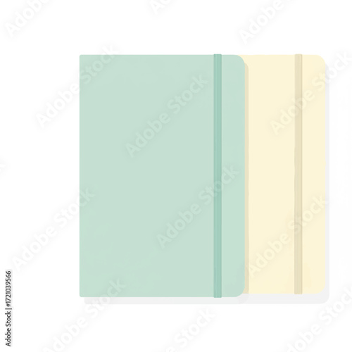 Two notebooks with mint green and cream colored covers placed on a white background with a minimalist composition.