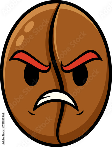 Angry Coffee Bean Cartoon Vector – Expressive Brown Bean Mascot Icon for Cafe and Coffee Branding