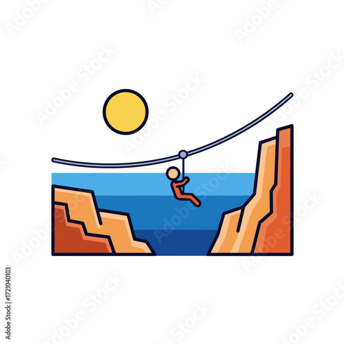 Cartoon Illustration of a Person Ziplining Across a Canyon with Sun.