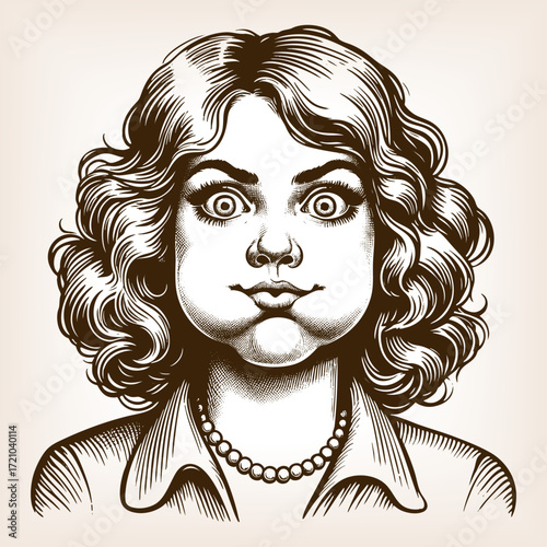 cheerful woman with curly hair, puffing out her cheeks humorously while making an exaggerated comic face sketch engraving generative ai vector illustration. Scratch board. Black and white image.