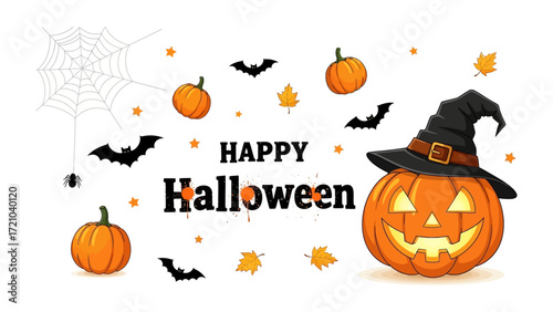 Spooky Pumpkin's Halloween Invitation: An artistically rendered jack-o'-lantern, crowned with a witch's hat, radiates Halloween spirit with playful elements.