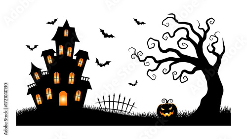 Spooky Halloween Night Scene: A dark and foreboding haunted house silhouette dominates the eerie landscape, enhanced by silhouetted bats, gnarled trees and a carved pumpkin.