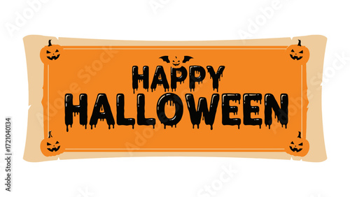 Happy Halloween: A vintage-styled banner with the message Happy Halloween, embellished with bats, pumpkins, and a slightly distressed design, ideal for festive occasions and seasonal decor.