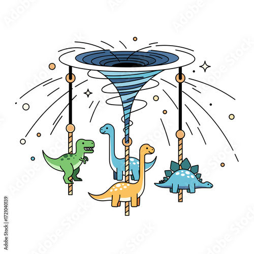 A surreal cosmic carousel featuring colorful cartoon dinosaurs riding around a swirling blue space vortex.