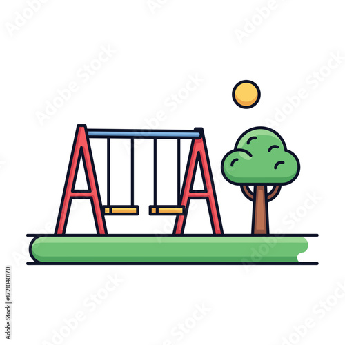 A colorful cartoon playground scene with a red Aframe swing set a green tree and a yellow sun.