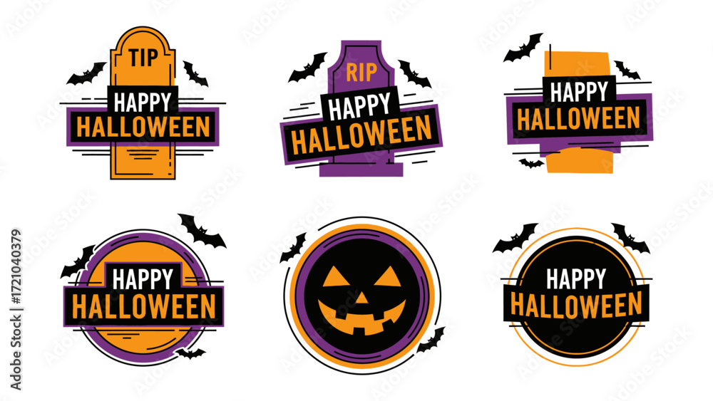 Naklejka premium Festive Halloween Emblems: A collection of creative Halloween emblems are designed to capture the holiday's spooky spirit, featuring playful text and design.