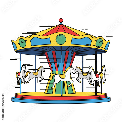 Colorful Carousel with Moving Horses in Line Art Style.