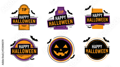 Festive Halloween Emblems: A collection of creative Halloween emblems are designed to capture the holiday's spooky spirit, featuring playful text and design.