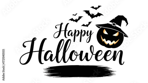 Happy Halloween: Festive vector design with grinning Jack-o'-lantern in witch hat, silhouetted bats. perfect for greetings.