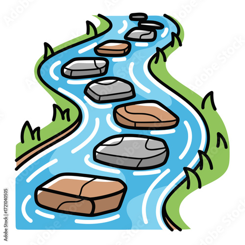 Cartoon River with Stepping Stones and Green Banks Illustration.