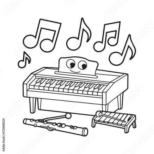  Happy Piano, Flute, and Xylophone with Dancing Musical Notes for Kids Line Art.