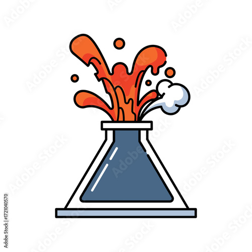 Cartoon Conical Flask with Energetic Orange Chemical Reaction Splashing and White Vapor.