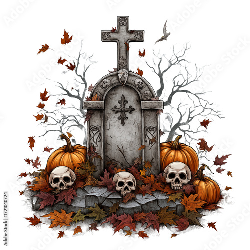 halloween scene: tombstone, pumpkins, skulls, leaves clip art preview
