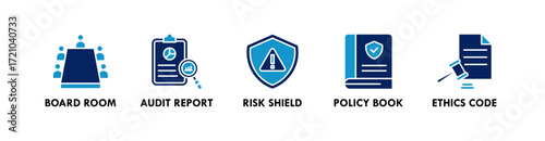 Corporate Governance banner web icon vector illustration concept with icon of board room, audit report, risk shield, policy book, and ethics code