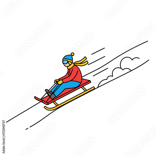 Cartoon person sledding downhill wearing blue hat yellow scarf red jacket blue pants and goggles.