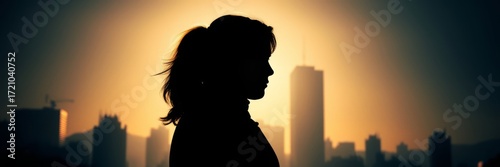 Silhouette of Urban Contemplation: A female silhouette stands poised, her gaze fixed upon a dynamic city skyline, immersed in moments of deep reflection, while a radiant sun casts its glow.