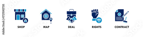 Franchise banner web icon vector illustration concept with icon of shop, map, deal, rights, and contract
