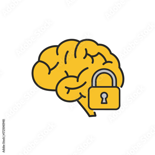 Yellow brain with a padlock symbolizing security and protection of ideas