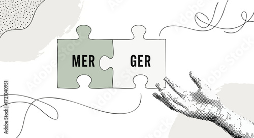 Two puzzle pieces fitting together, one labeled "MER" and the other "GER", symbolizing a merger or acquisition, with a hand reaching towards them.