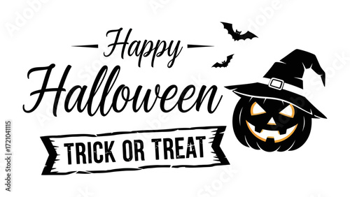 Happy Halloween: A spooky design with a grinning pumpkin, witch's hat and bats, a joyful celebration of spooky festivities. and the phrase Trick or Treat.