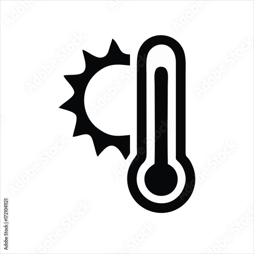 Temperature icon in flat style. Good weather symbol isolated on white background Sun and termometer icon in black Weather, hot and warm climate concept Vector illustration