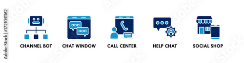 Omnichannel banner web icon vector illustration concept with icon of channel bot, chat window, call center, help chat, and social shop