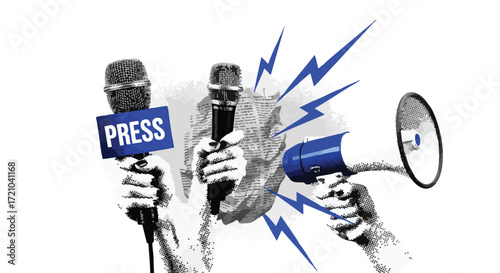 Hands holding microphones with 'PRESS' label and a megaphone with sound waves, representing media, news, and public communication.