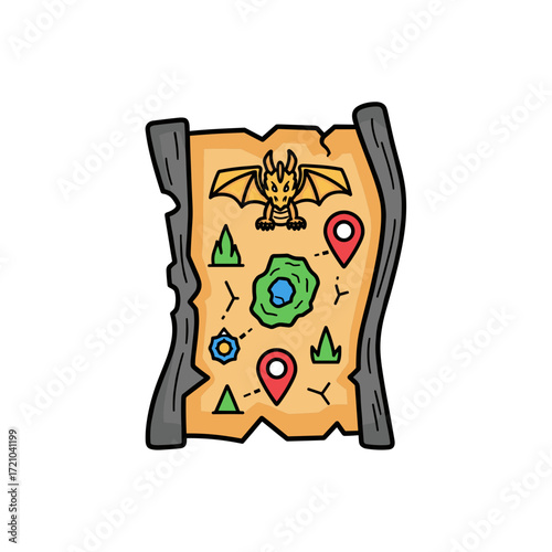 Ancient fantasy scroll map with a dragon mountains and location markers for a quest.