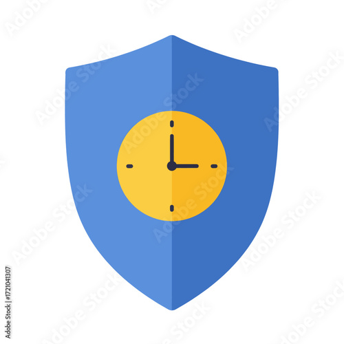 Vector Illustration of a Blue Shield with a Yellow Clock Face Representing Time Protection and Security