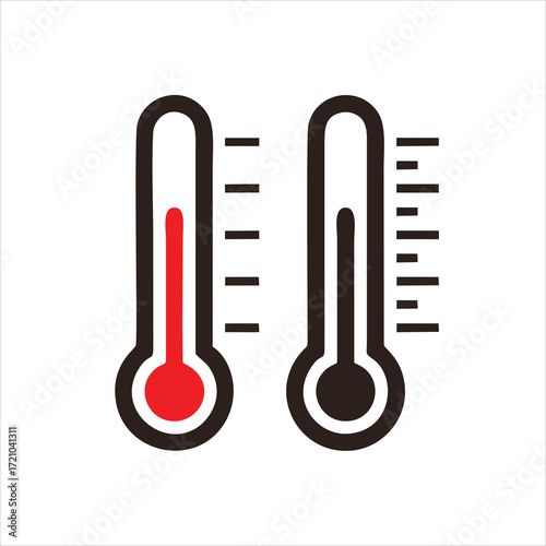 Temperature icon in flat style. Good weather symbol isolated on white background Sun and termometer icon in black Weather, hot and warm climate concept Vector illustration