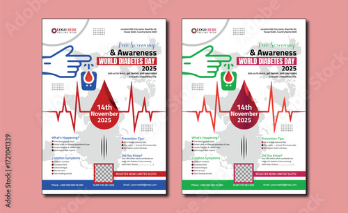 Editable World Diabetes Day 2025 Flyer | Health Awareness & Free Screening Poster Design