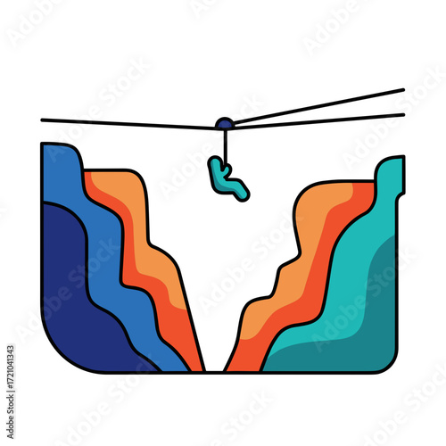Stylized person ziplining over colorful canyon landscape.