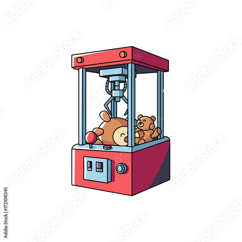 Cartoon Claw Machine with Two Teddy Bears Inside Red and Blue.