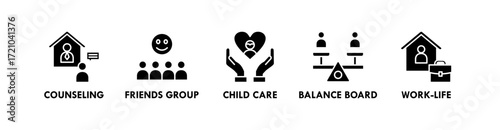 Work Life Balance banner web icon vector illustration concept with icon of counseling, friends group, child care, balance board, and work life