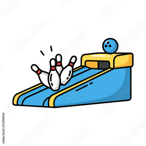 Cartoon bowling alley with pins ball and blue lane illustration.