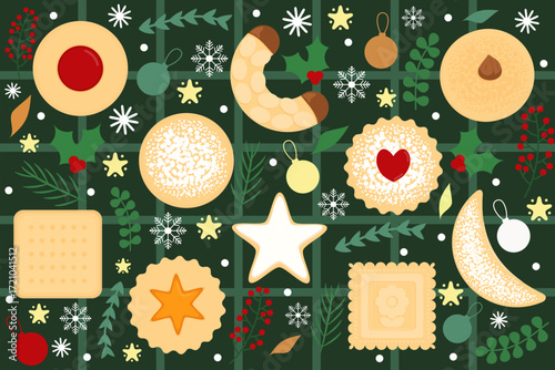 Top view of a set of cute traditional Austrian and German Christmas butter cookies on a festive background. Collection of sugar biscuits, confectionery and food with a seasonal pattern for a holiday