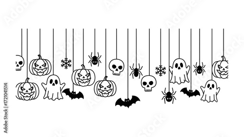 Hanging Halloween Decorations: Whimsical Halloween decorations in black and white, with ghosts, bats, spiders, and pumpkins arranged in a row against a flat backdrop.