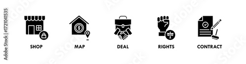 Franchise banner web icon vector illustration concept with icon of shop, map, deal, rights, and contract
