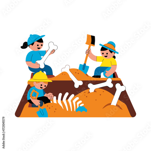 Cartoon children excavating bones a playful archaeological dig illustration with tools and fossils.