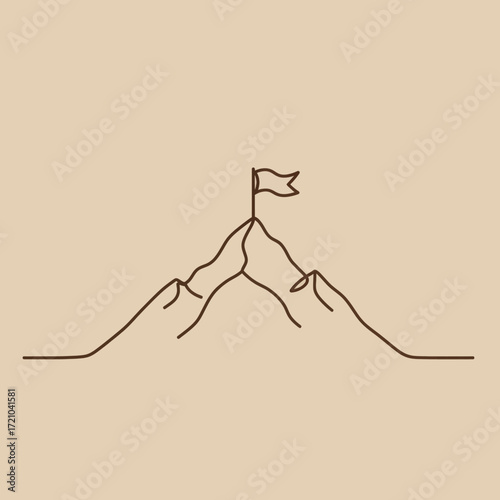 Minimalist mountain peak with flag on top, symbolizing achievement and success, vector illustration on a beige background