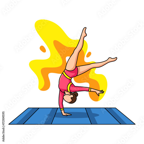 Vibrant cartoon female gymnast in pink leotard performing a dynamic split handstand pose.