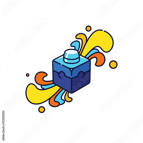 Vibrant blue toy building block with single stud surrounded by dynamic colorful abstract fluid shapes.
