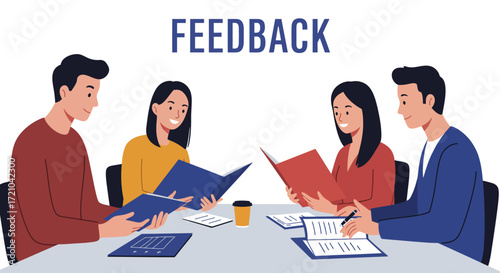 business feedback colleagues review reports share insights at a meeting collaborating on strategy ideal for corporate training materials