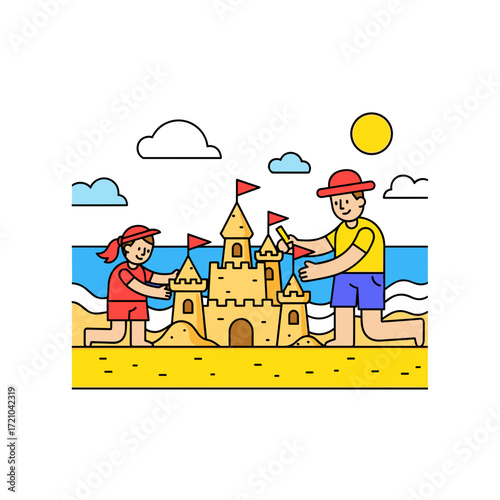Happy man and girl in colorful clothes and red hats building a large sandcastle together on a sunny beach.