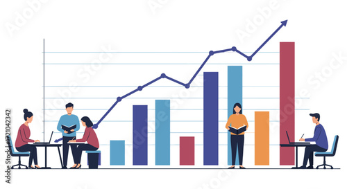Business growth chart shows successful teamwork with professionals analyzing data in a meeting illustrating market trends and project management.