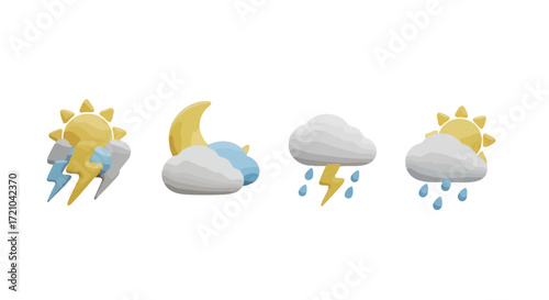 Forecast 3D weather icons showing sunny, rainy, stormy, cloudy and moon phases, perfect for weather apps or educational resources about meteorology